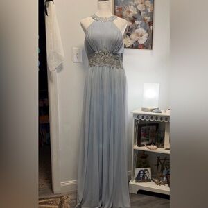 Chic Light Blue Maxi Dress with Lace Accents